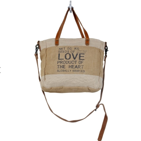 New! Myra Bag Repurposed Jute Canvas And Leather Market Tote Shoulder Bag - Picture 4 of 7